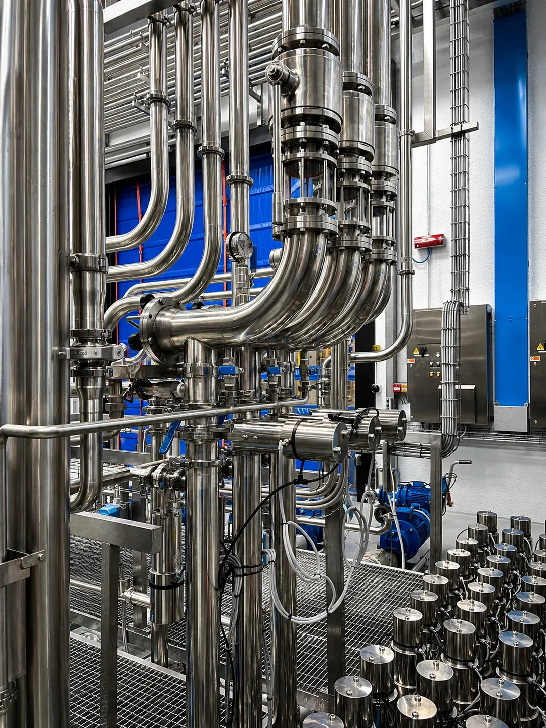 Impianto tubazioni inox con pompe e valvole per industria chimica