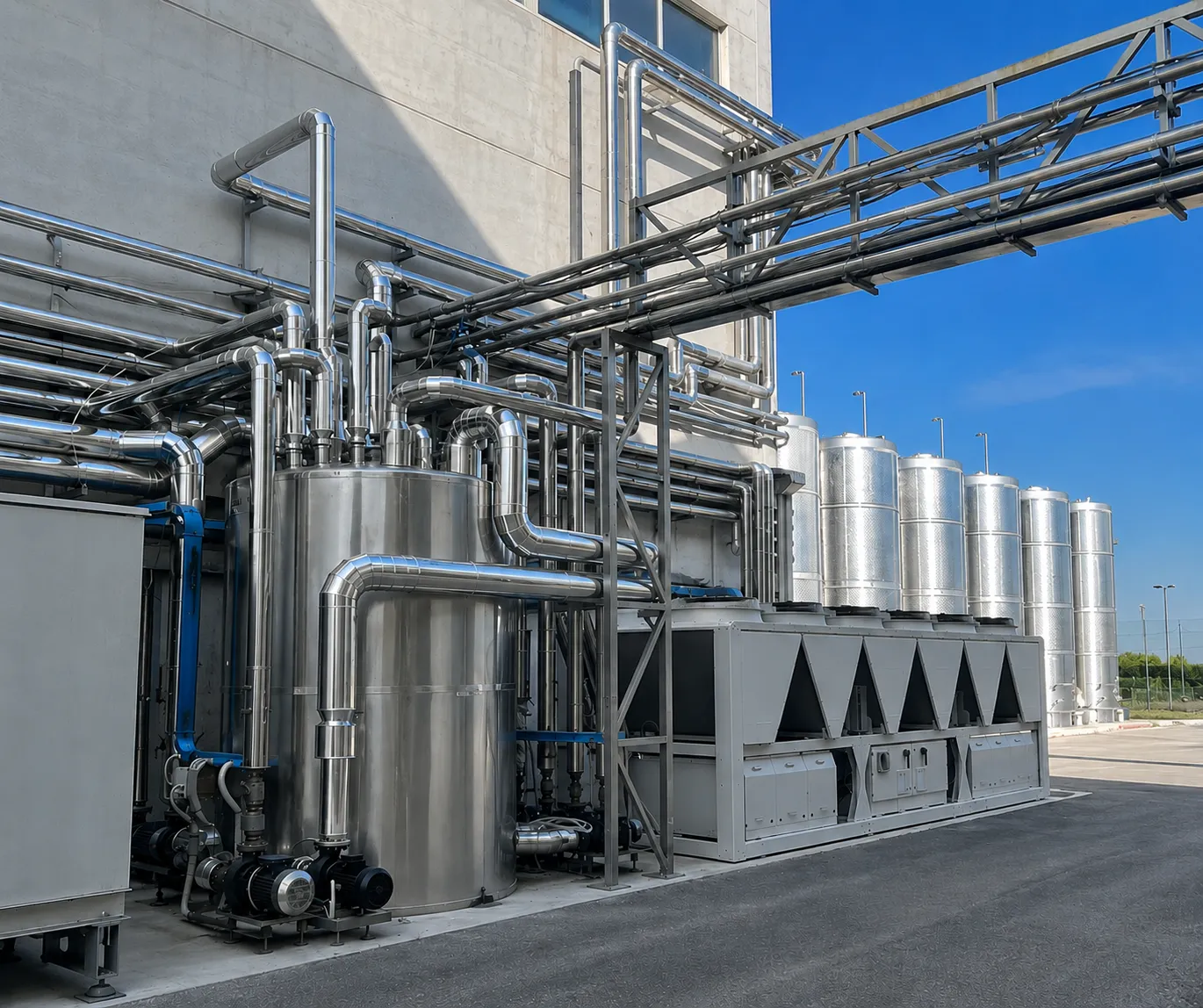Impianto di refrigerazione industriale esterno con serbatoi inox e gruppo frigorifero