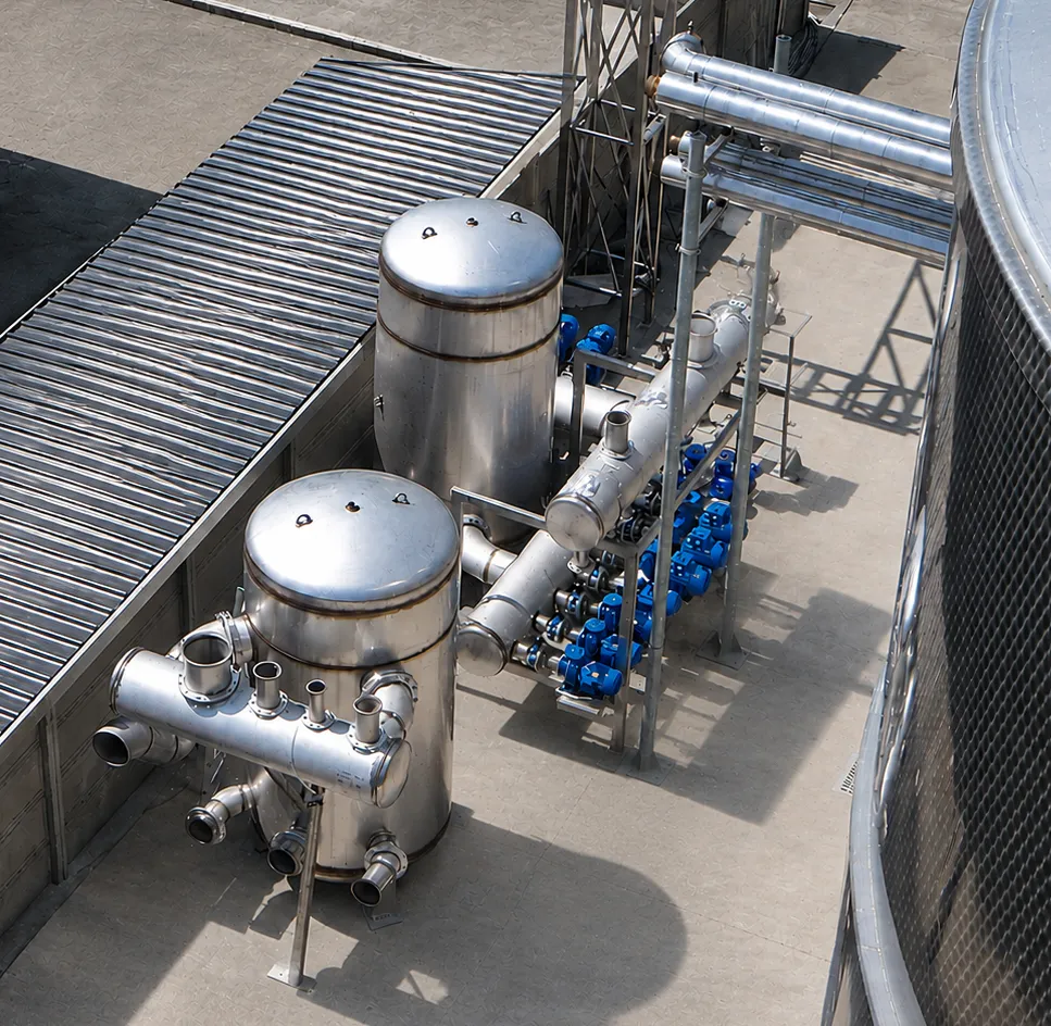 Serbatoi inox e stazione pompe su tetto impianto refrigerazione industriale