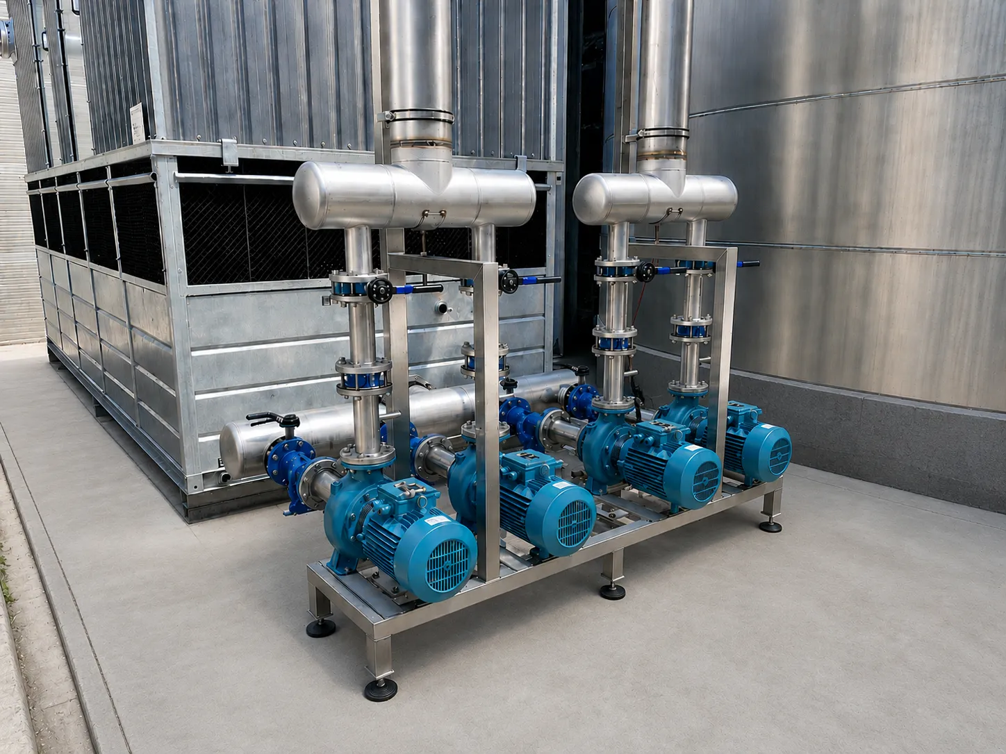 Gruppo pompe centrifughe su skid inox per impianto di refrigerazione industriale
